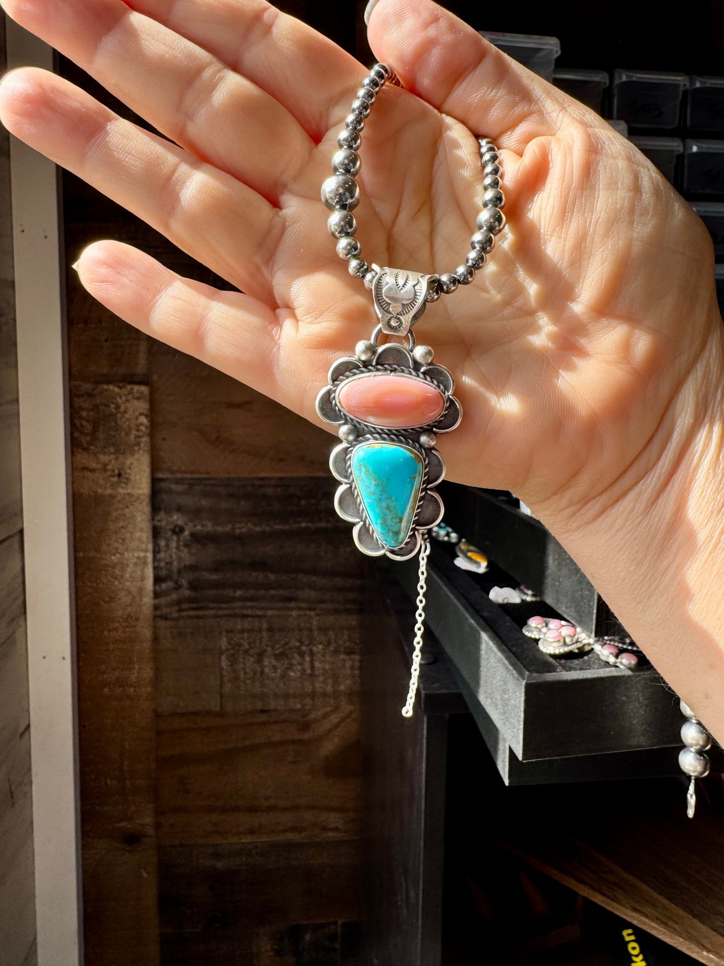 Pink Conch & Turquoise Pendant – Sterling Silver