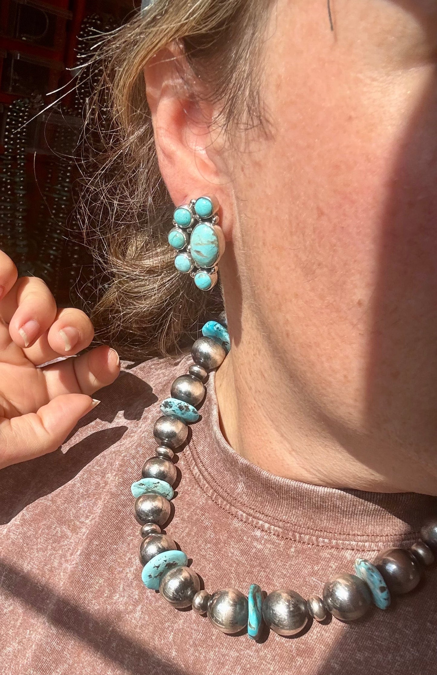 Kingman Turquoise Half Cluster Earrings – Sterling Silver, Zia Stamp, USA Made