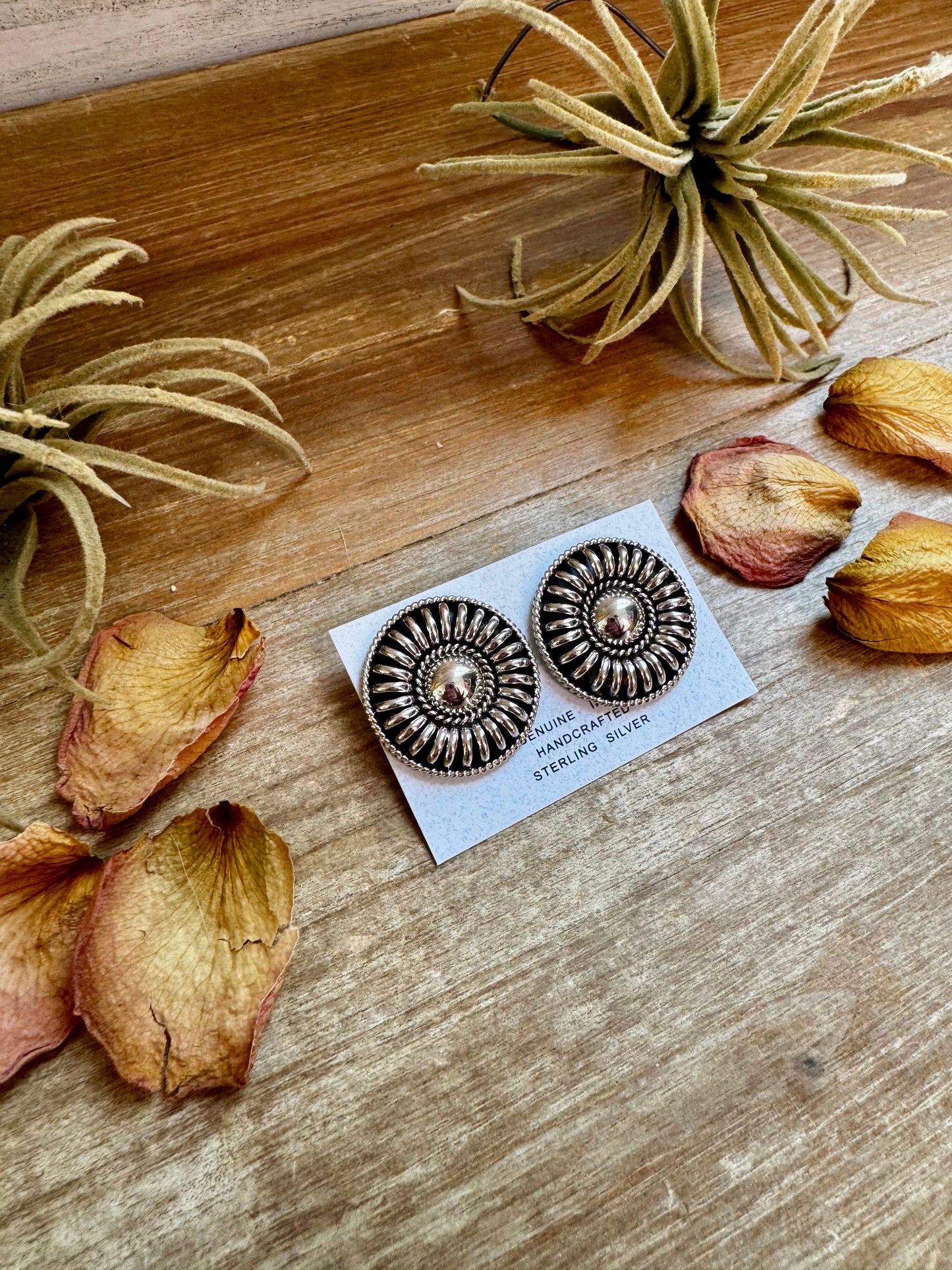 Stamped Sterling Silver Concho Stud Earrings, TC Stamp, 1.5" Round