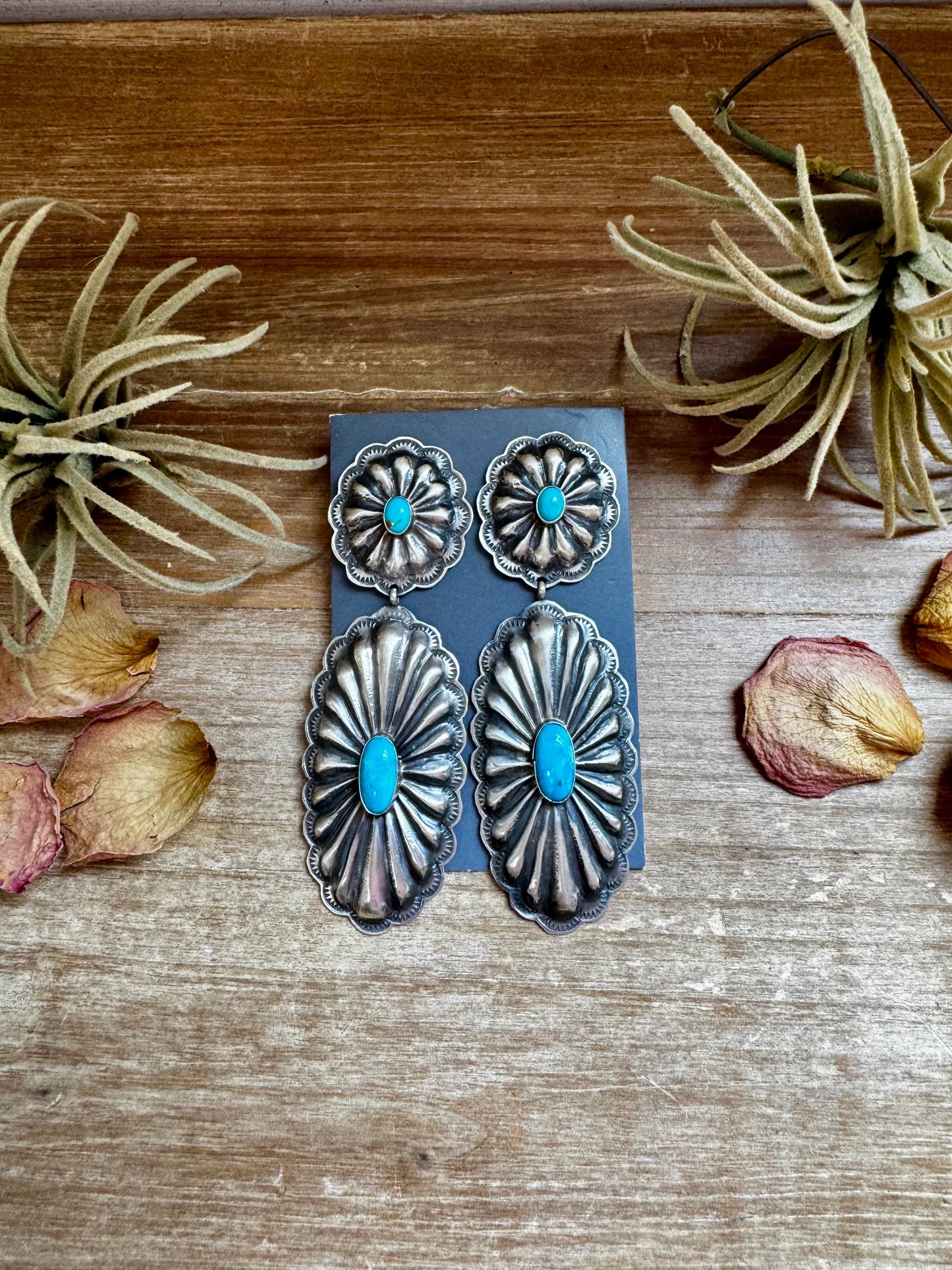 Rita Lee Sterling Silver Concho Earrings – Sleeping Beauty Turquoise – Statement with Post & Dangle