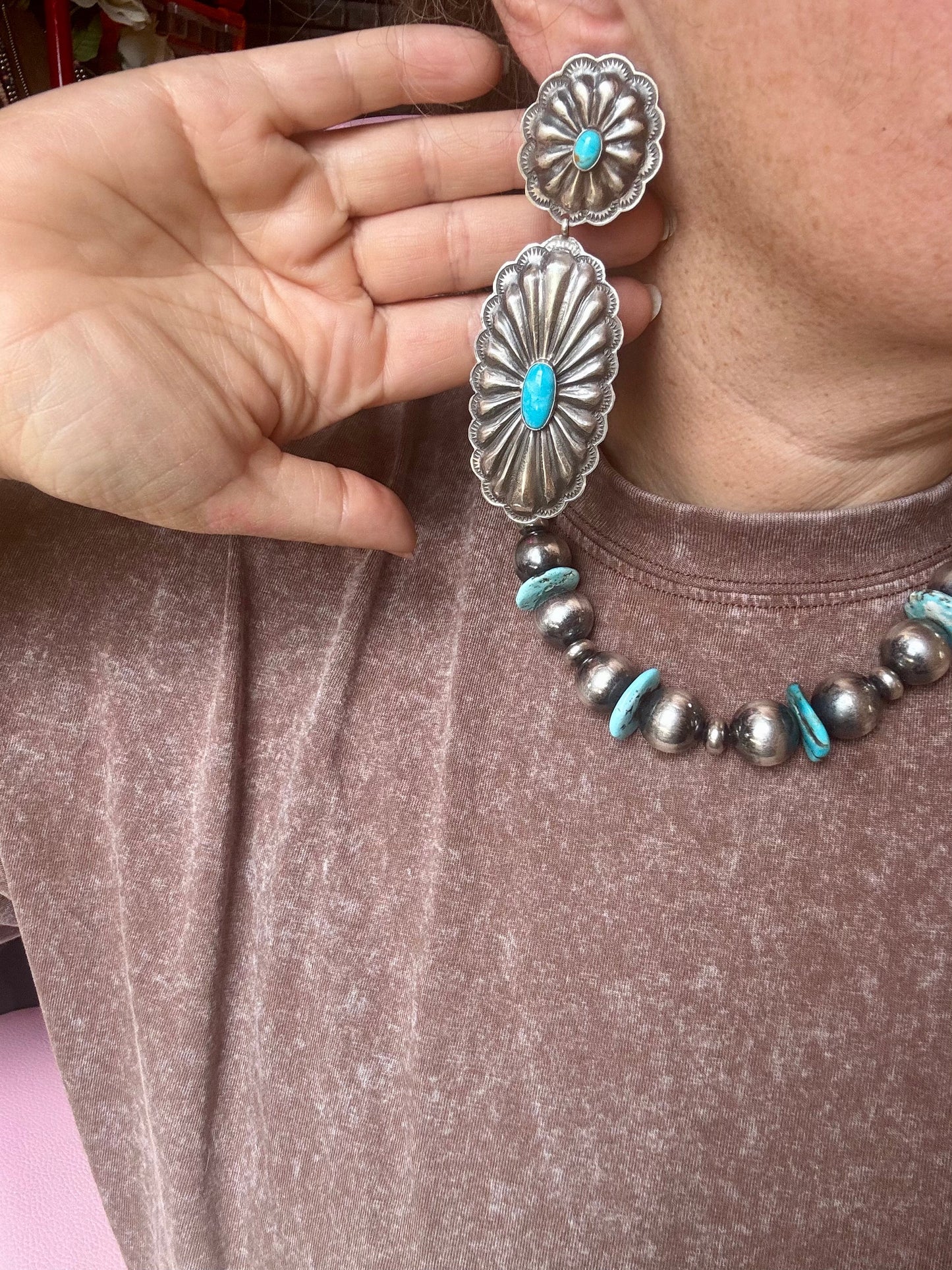 Rita Lee Sterling Silver Concho Earrings – Sleeping Beauty Turquoise – Statement with Post & Dangle