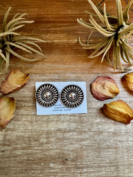 Stamped Sterling Silver Concho Stud Earrings, TC Stamp, 1.5" Round