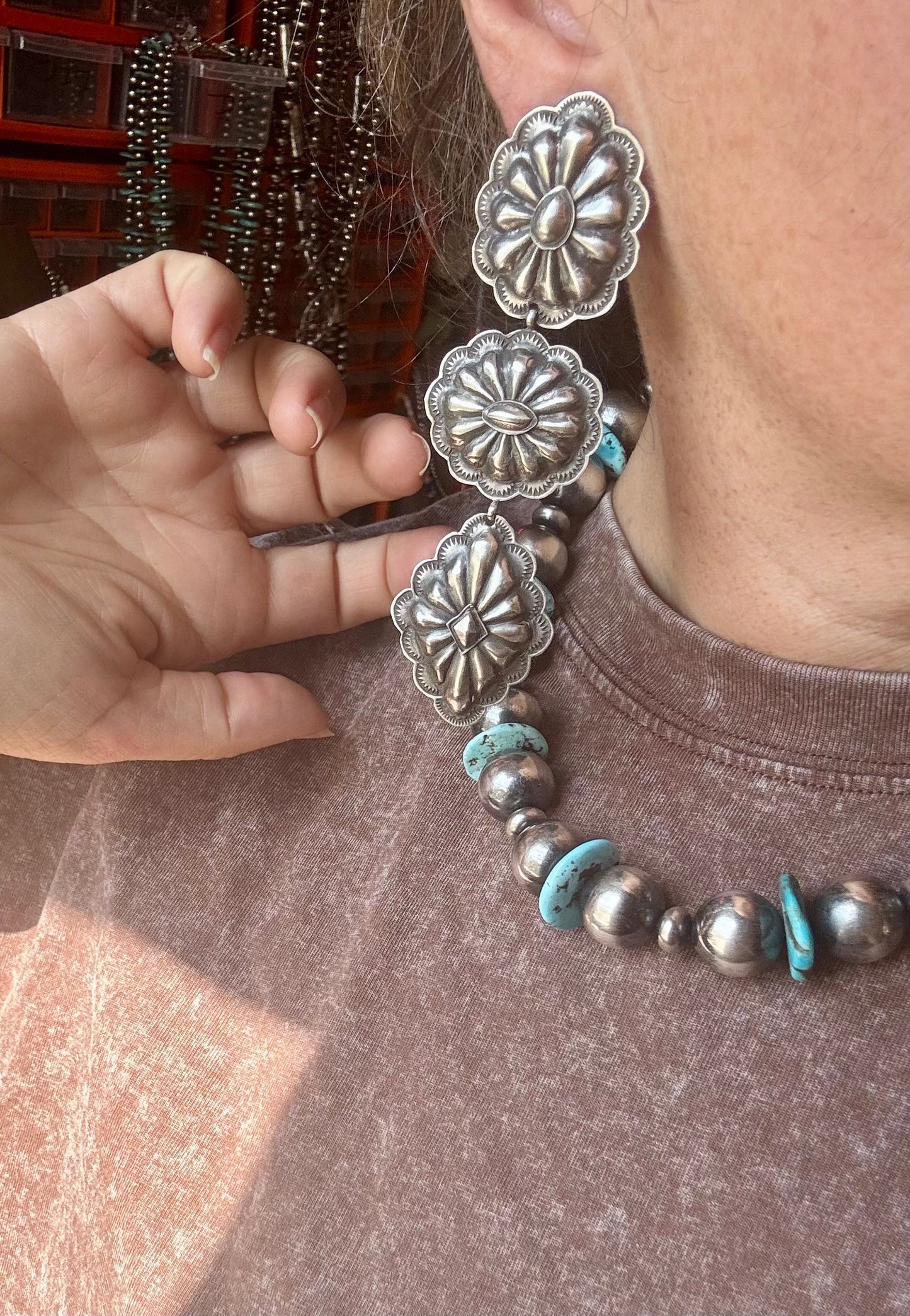 Rita Lee Sterling Silver Concho Earrings – Post & Dangle, Hand Stamped