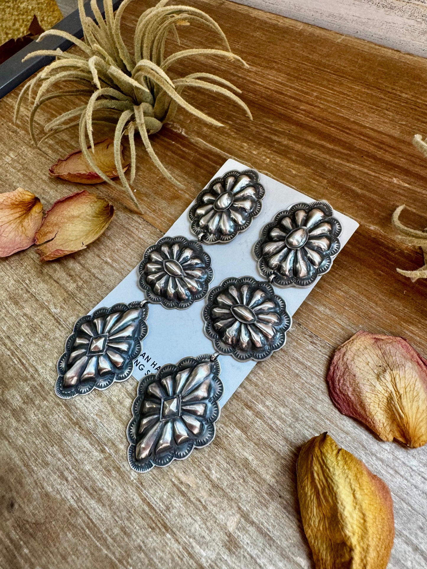 Rita Lee Sterling Silver Concho Earrings – Post & Dangle, Hand Stamped