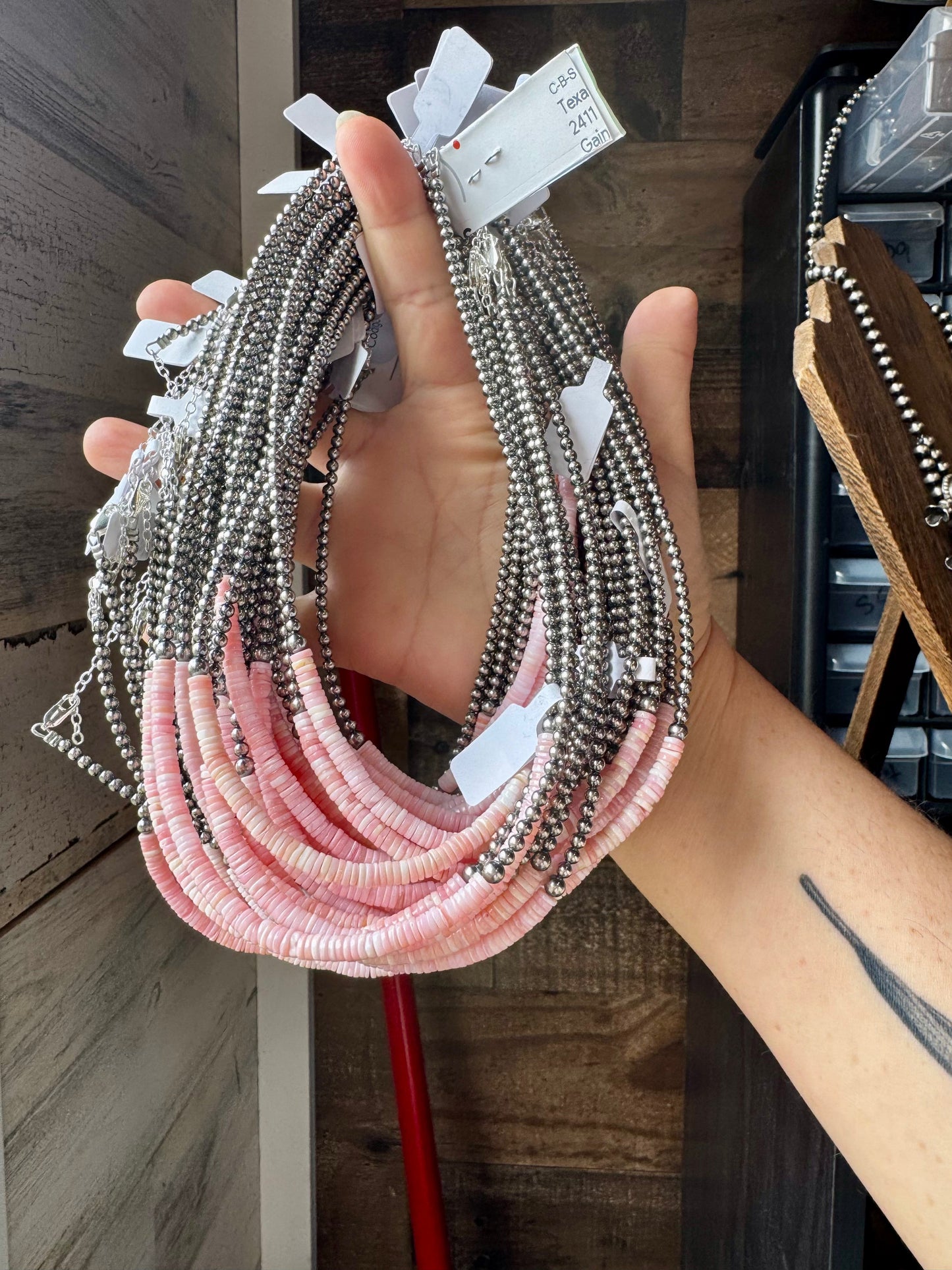 15-Inch Pink Conch Heishi Necklace – Sterling Silver Pearls, Handmade