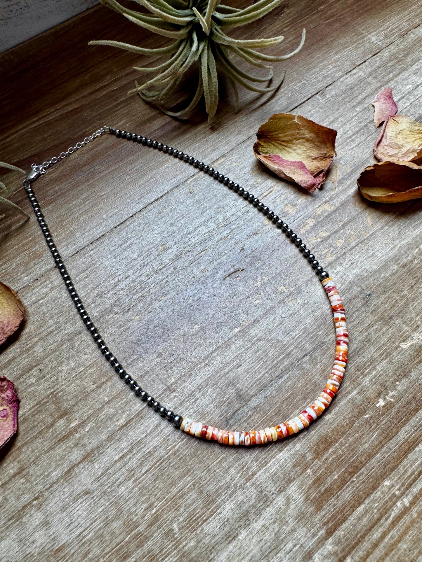 15-Inch Spiny Oyster Heishi Necklace – Sterling Silver Pearls, Handmade