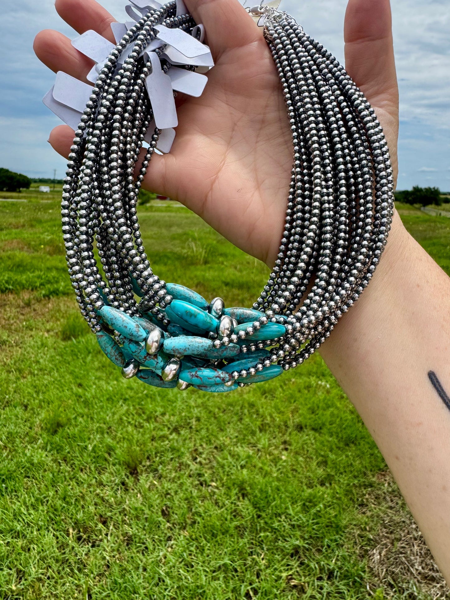 15-Inch Sterling Silver Pearl & Blue Turquoise Torpedo Choker