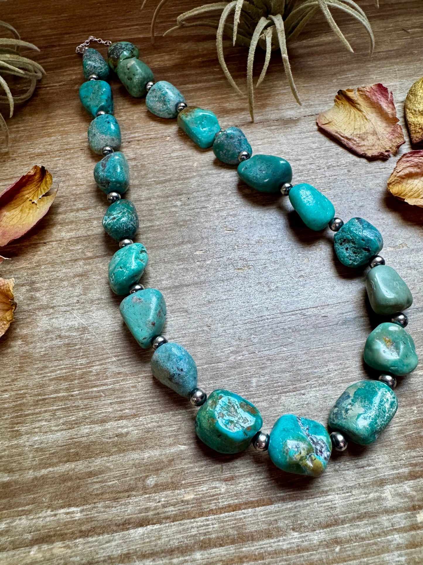 18-Inch Turquoise Nugget Necklace with 4mm Sterling Silver Pearls