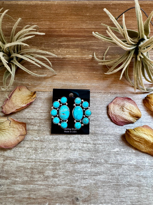 Kingman Turquoise Half Cluster Earrings – Sterling Silver, Zia Stamp, USA Made