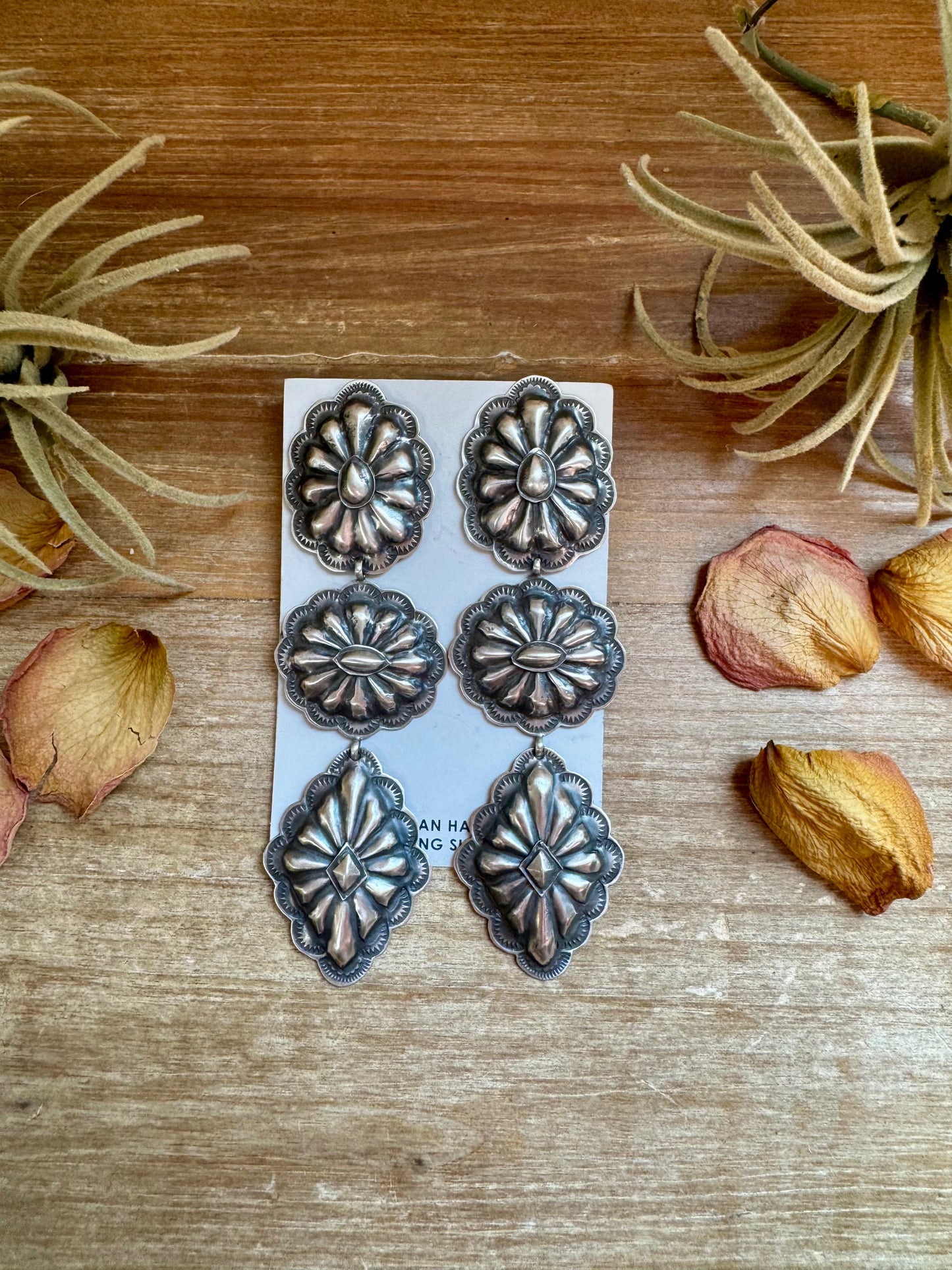 Rita Lee Sterling Silver Concho Earrings – Post & Dangle, Hand Stamped