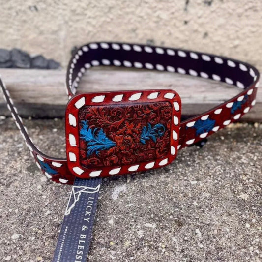 Jade tooled genuine leather belt