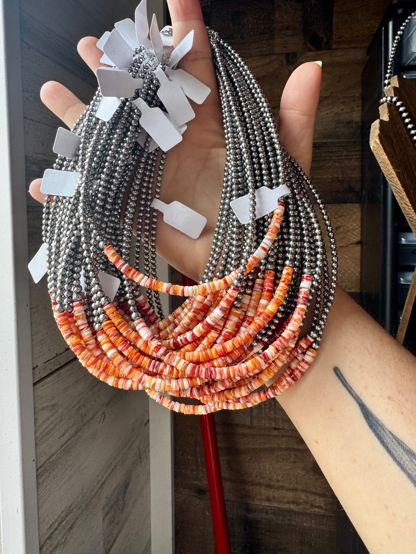 15-Inch Spiny Oyster Heishi Necklace – Sterling Silver Pearls, Handmade
