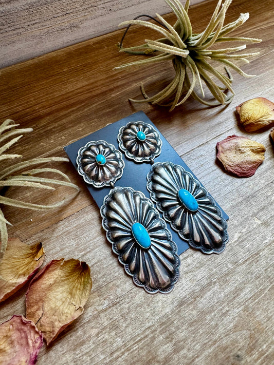 Rita Lee Sterling Silver Concho Earrings – Sleeping Beauty Turquoise – Statement with Post & Dangle
