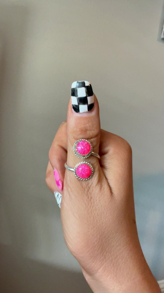 HOT PINK OPAL DOUBLE STONE ADJUSTABLE RING BY ESTHER WHITE