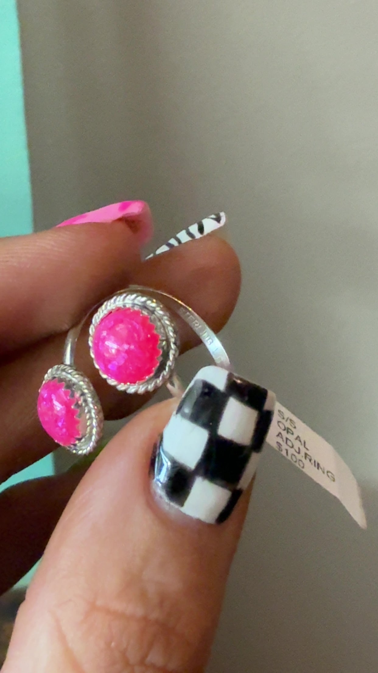 HOT PINK OPAL DOUBLE STONE ADJUSTABLE RING BY ESTHER WHITE