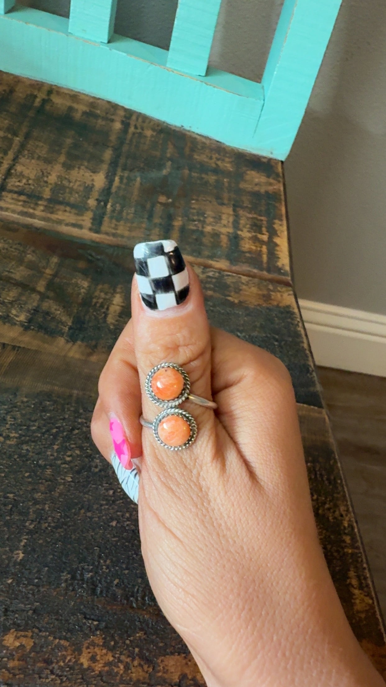 ORANGE SPINY DOUBLE STONE ADJUSTABLE RING BY ESTHER WHITE