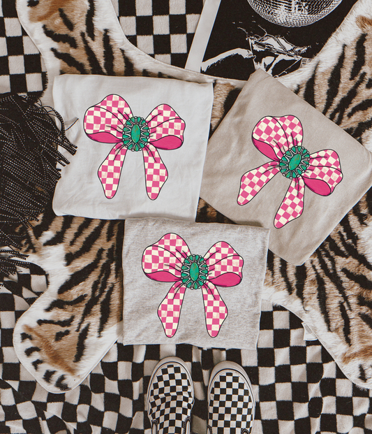 Pink checkered bow sublimation T-shirt