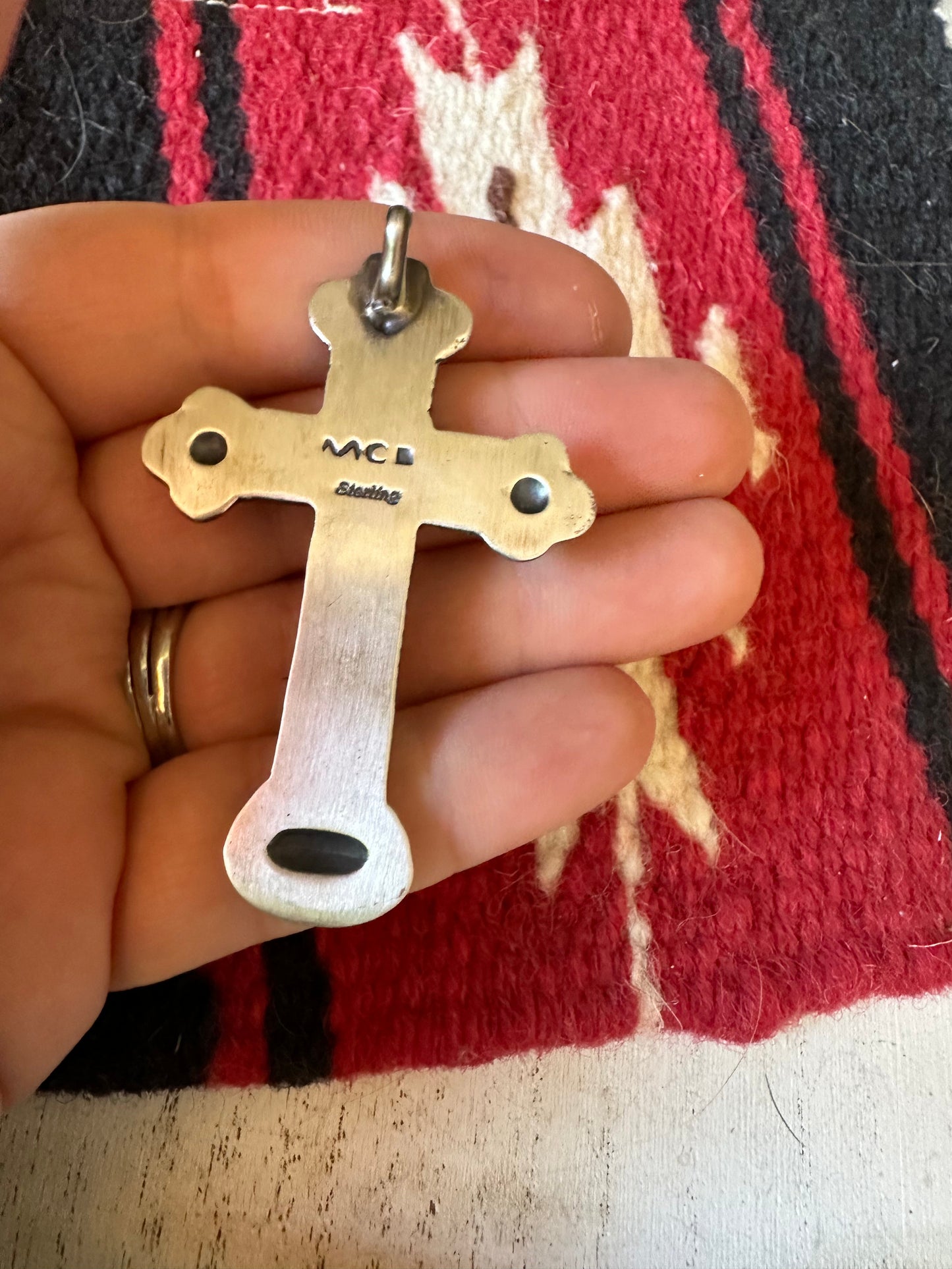Beautiful Navajo Turquoise & Sterling Silver Cross Pendant Signed