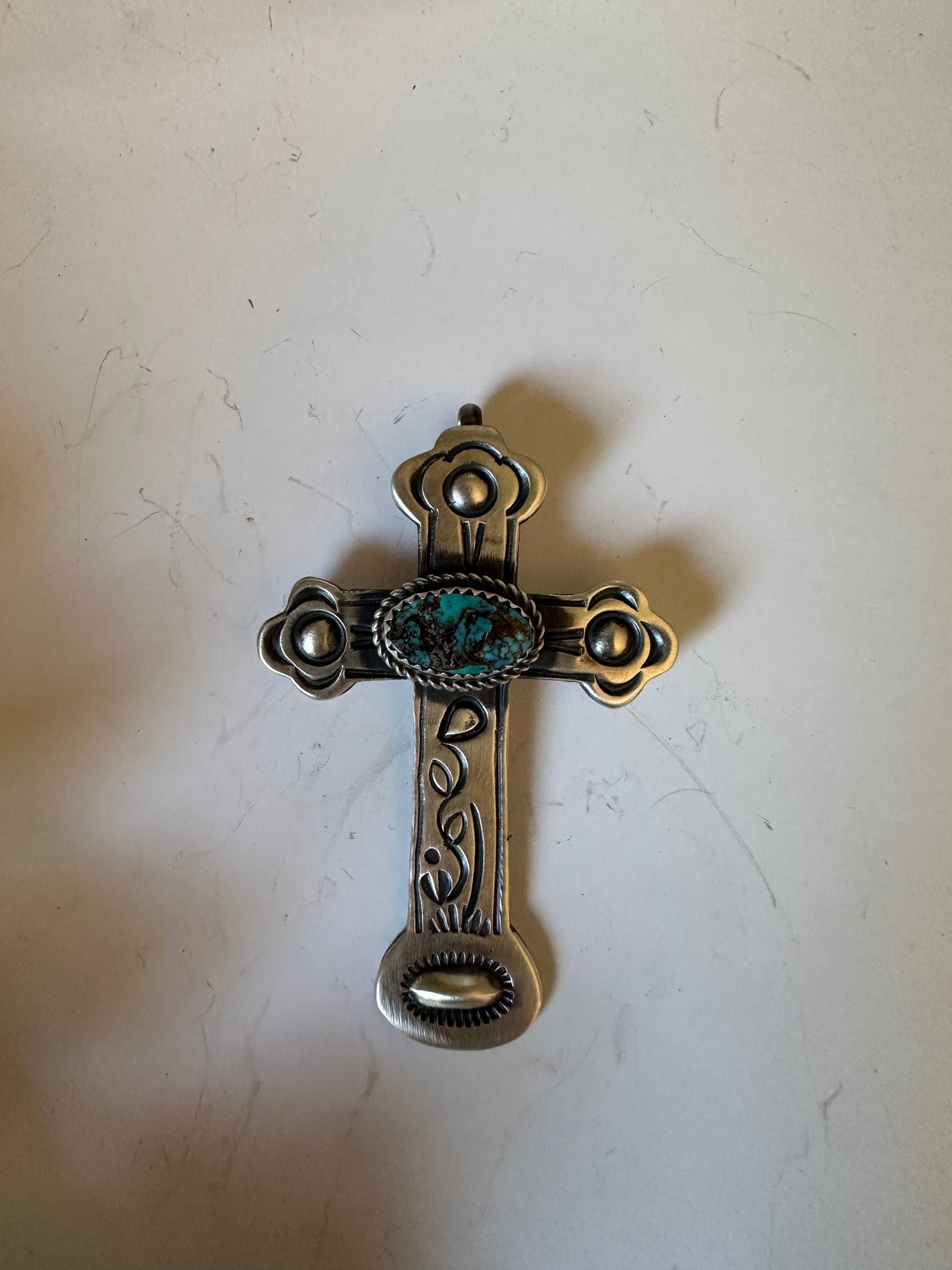 Beautiful Navajo Turquoise & Sterling Silver Cross Pendant Signed