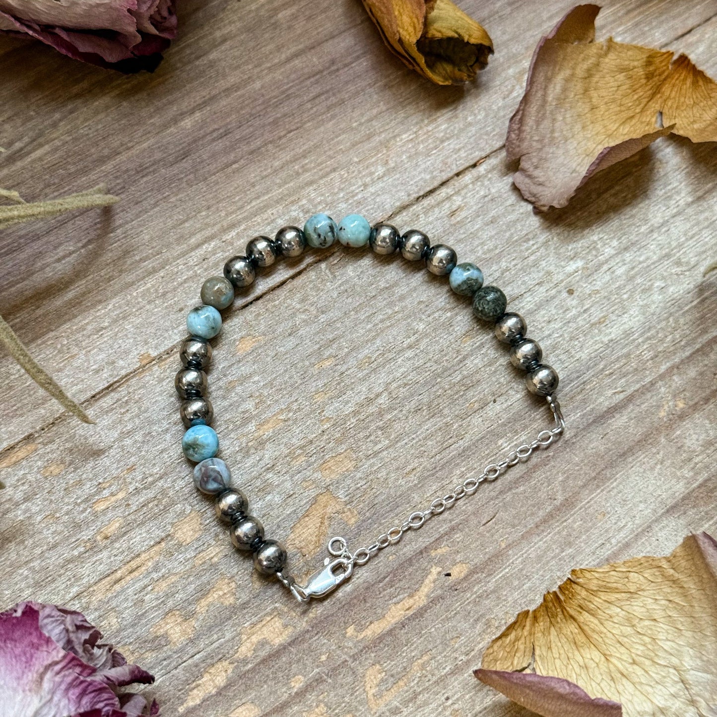 Sterling Silver & Larimar Bracelet  – 6 mm Beads