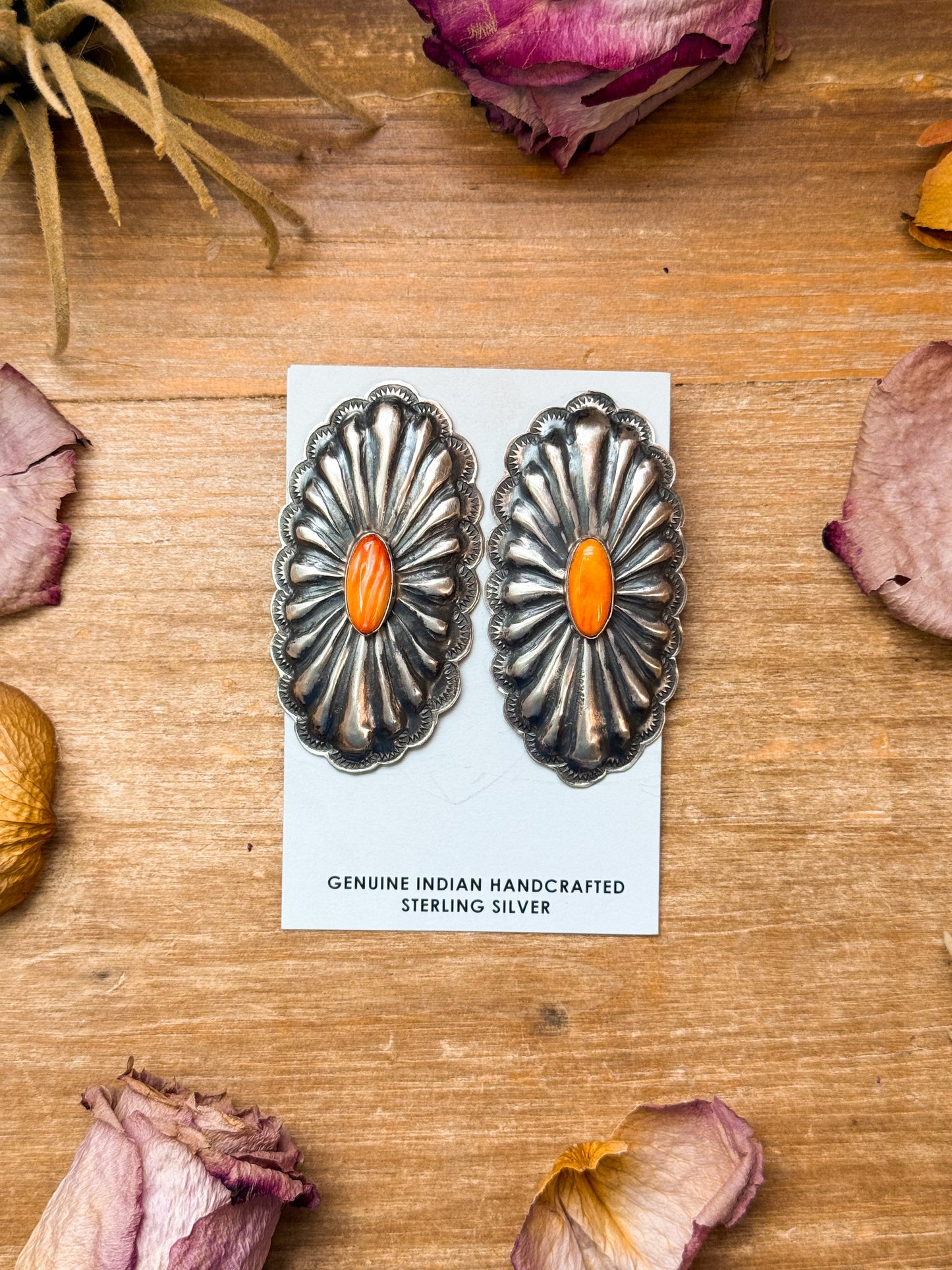 Sterling Silver Concho Earrings with Spiny Oyster – Native Made by Rita Lee