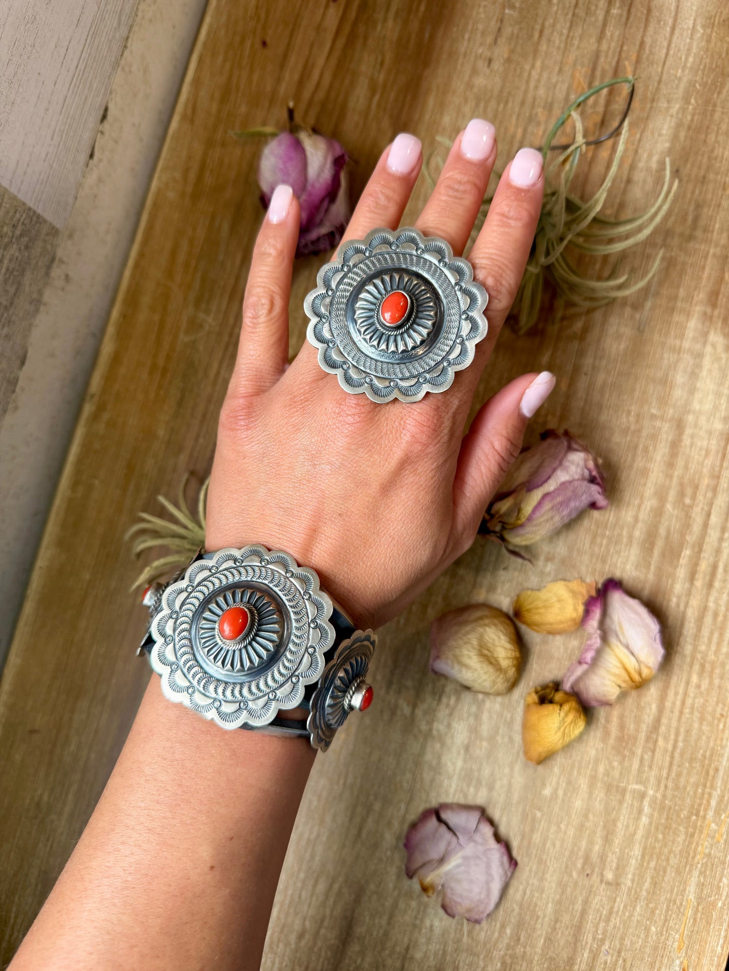 Sterling Silver Coral Jewelry Set – Native Made by Emerson Brown – Cuff, Adjustable Ring & Dangle Earrings