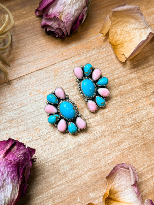 Sterling Silver Pink Conch & Kingman Turquoise Half Cluster Earrings – Native Made by E. Richards (Navajo Artist)