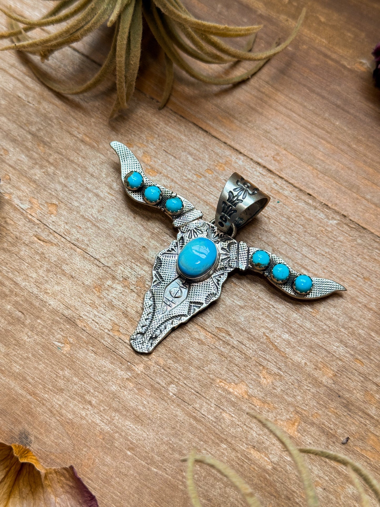 Sterling Silver Longhorn Pendant with Golden Hill Turquoise – Native Made by Leroy James (Navajo Artist)