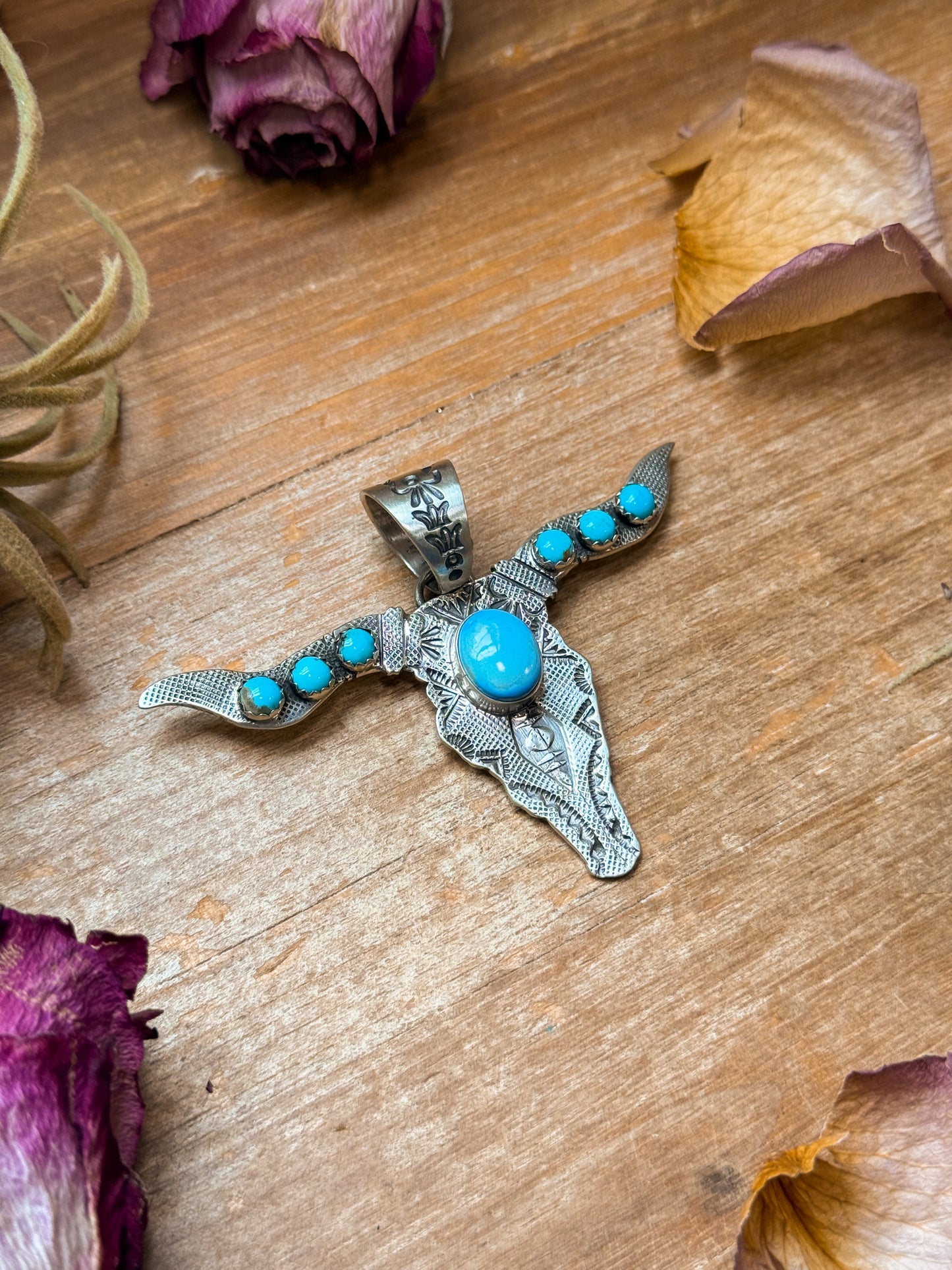 Sterling Silver Longhorn Pendant with Golden Hill Turquoise – Native Made by Leroy James (Navajo Artist)