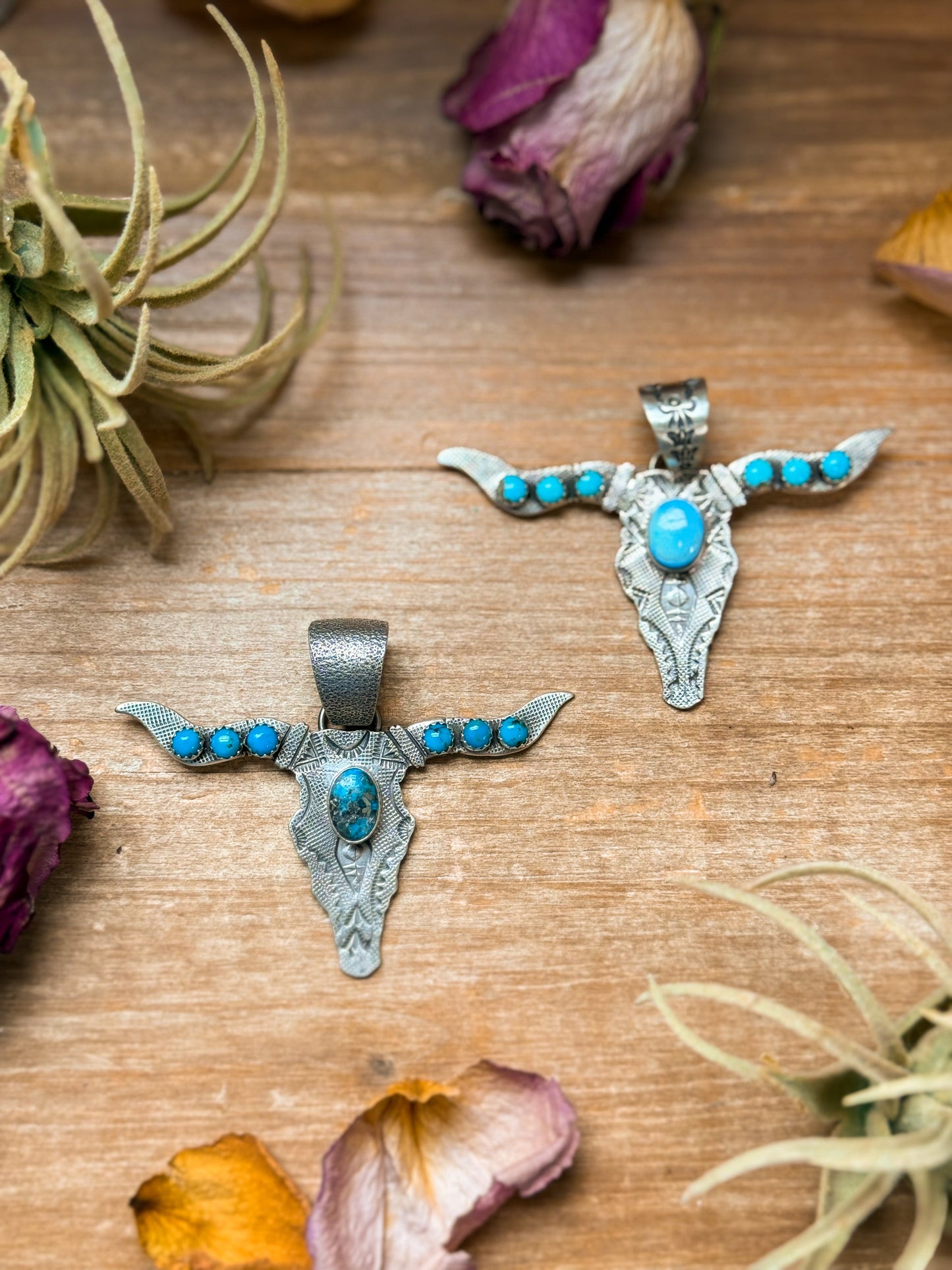 Sterling Silver Longhorn Pendant with Kingman Turquoise – Native Made by Leroy James (Navajo Artist)