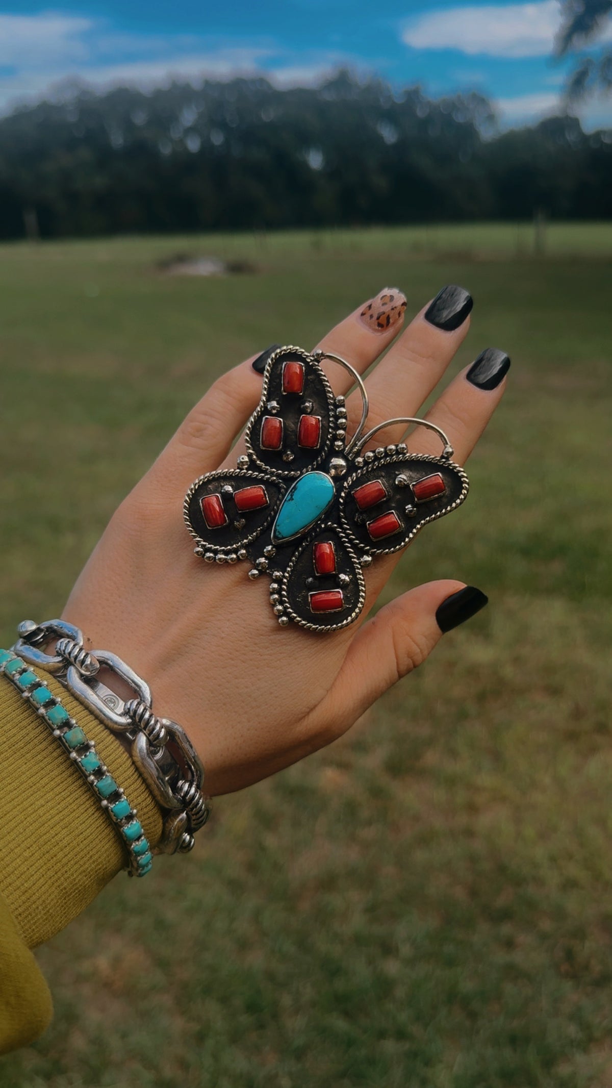 Red coral & turquoise butterfly ring