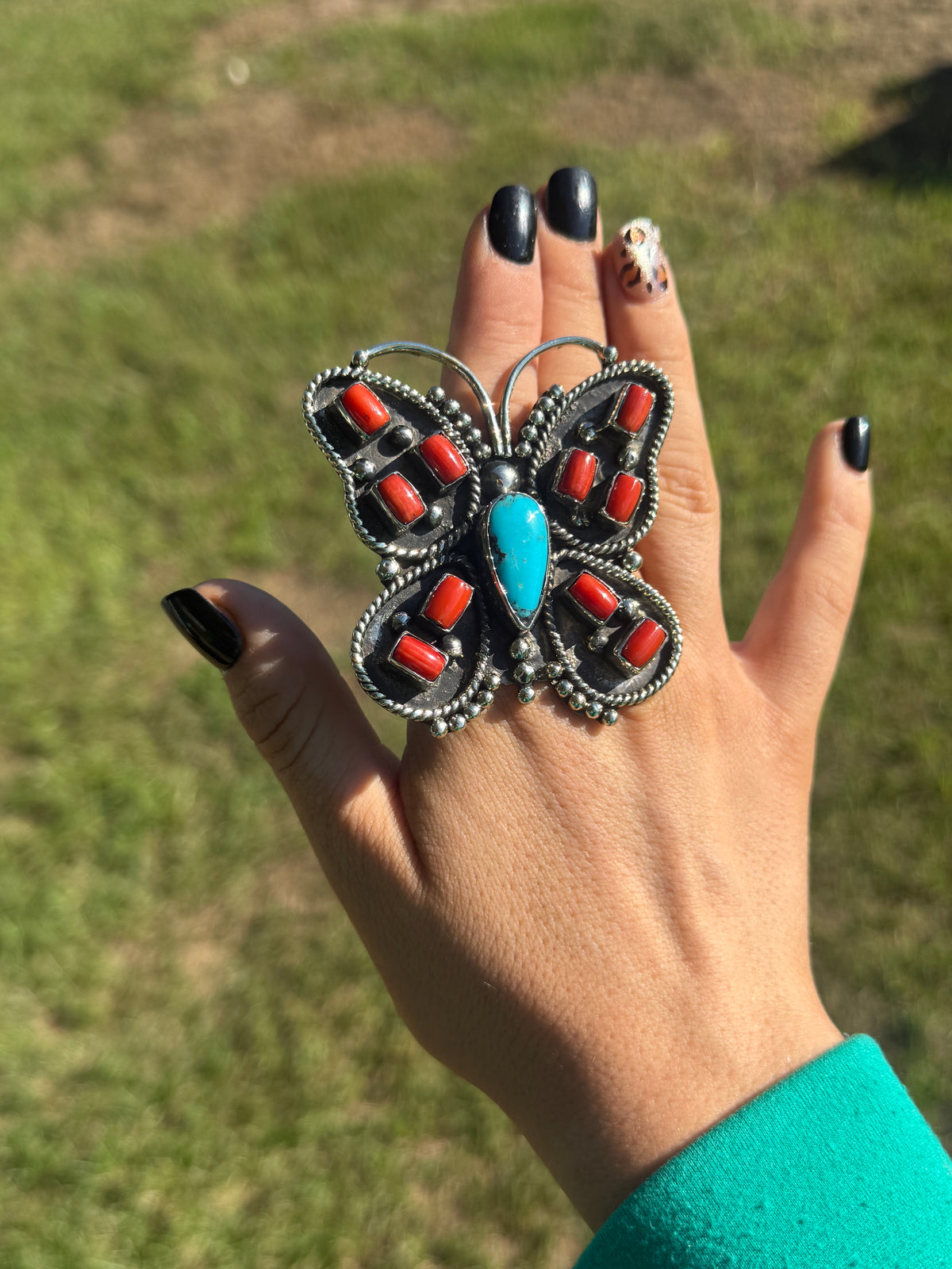 Red coral & turquoise butterfly ring