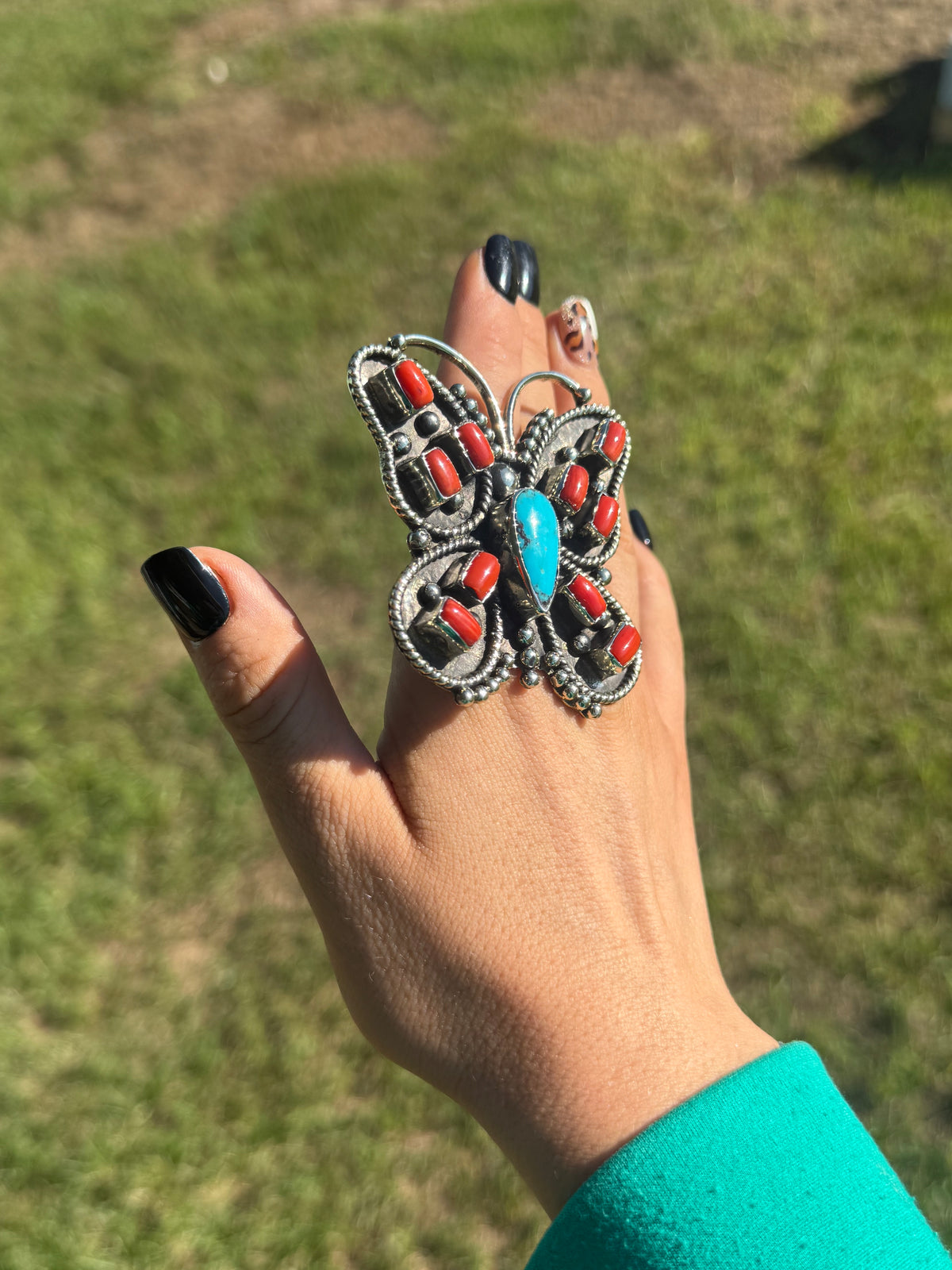Red coral & turquoise butterfly ring