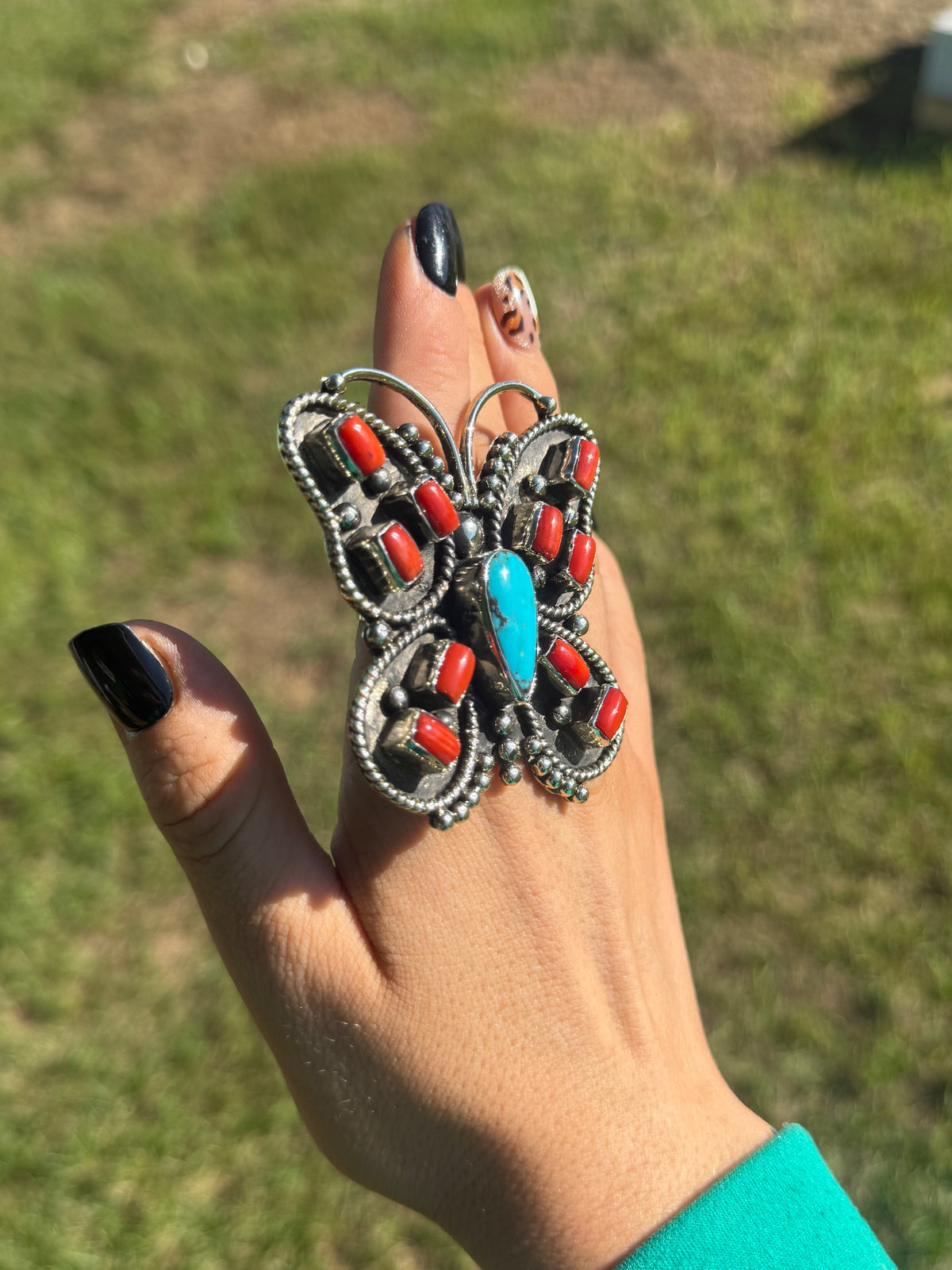 Red coral & turquoise butterfly ring