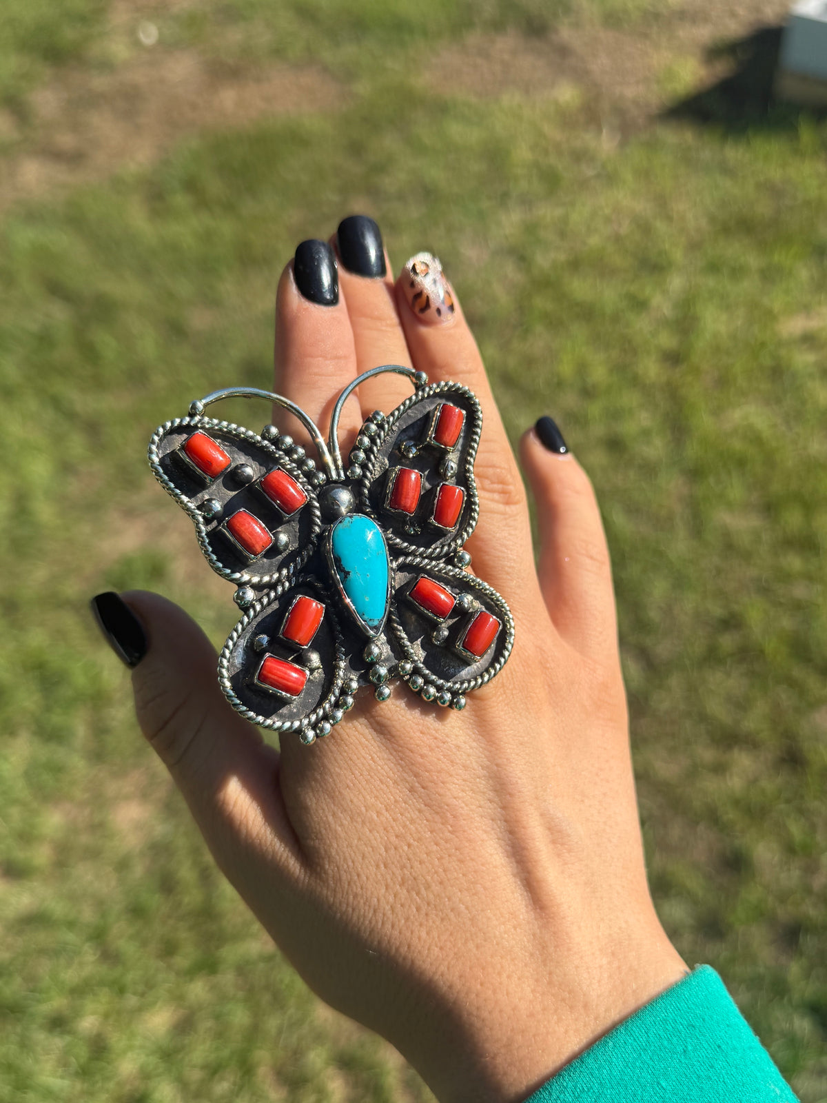 Red coral & turquoise butterfly ring