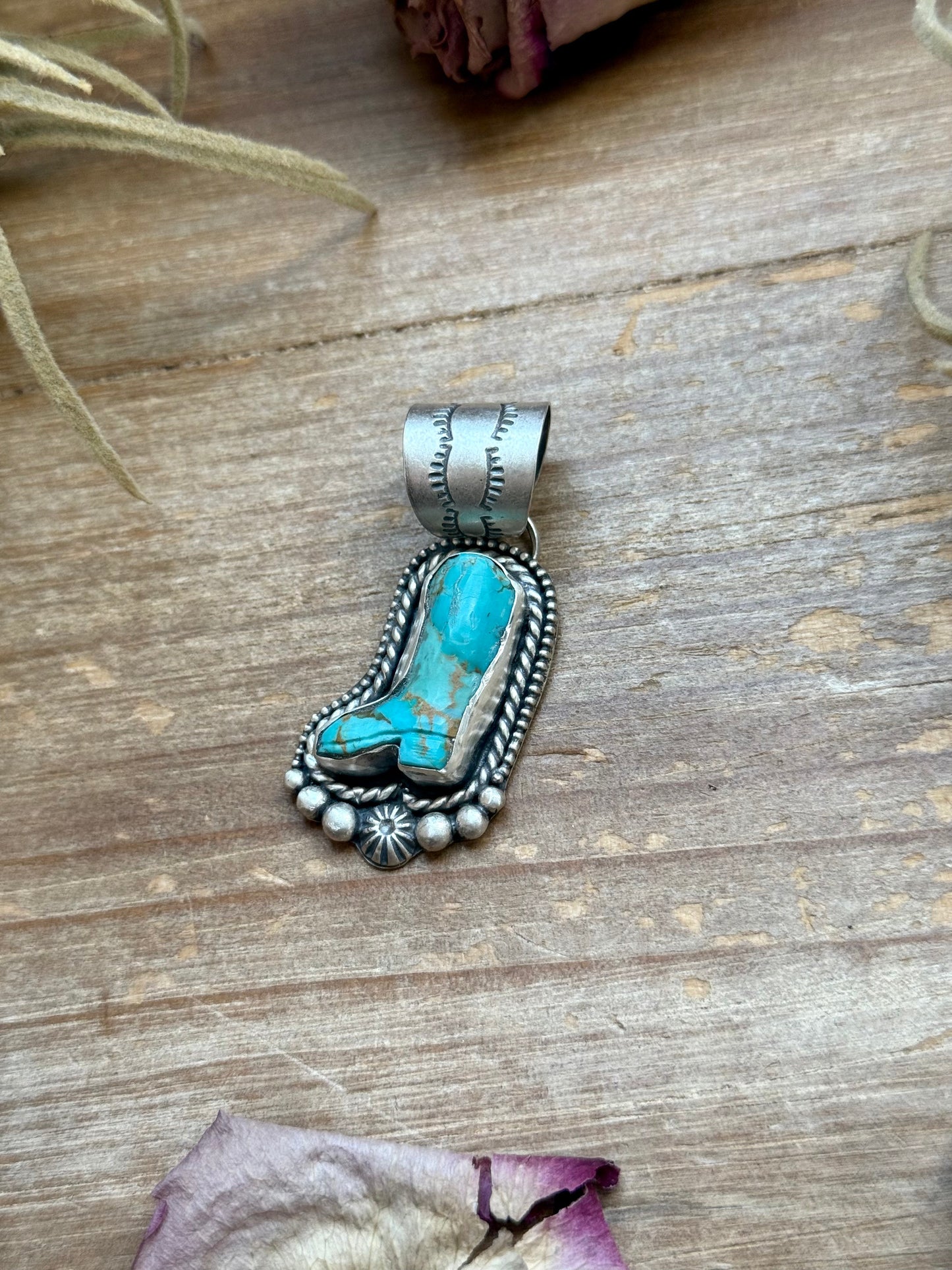Sterling Silver Kingman Turquoise Cowboy Boot Pendant – Handmade by Artist Shay Pfeiffer