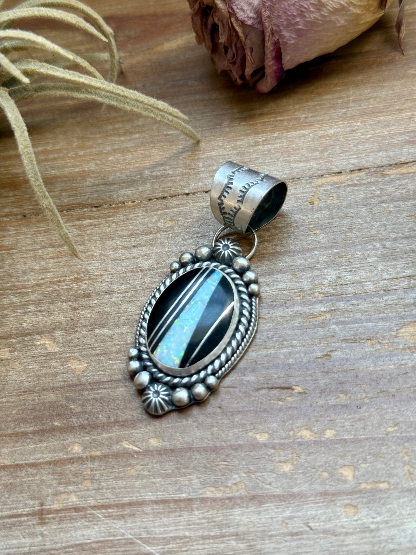 Sterling Silver Black Micarta & Lab Opal Inlay Pendant – Handmade by Artist Shay Pfeiffer