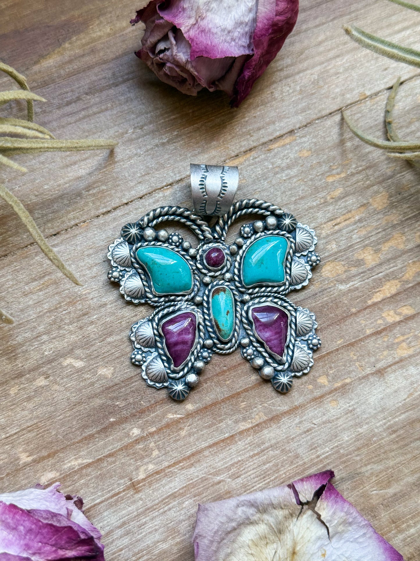 Sterling Silver Butterfly Pendant with Kingman Turquoise & Purple Spiny Oyster – Handmade by Artist Shay Pfeiffer