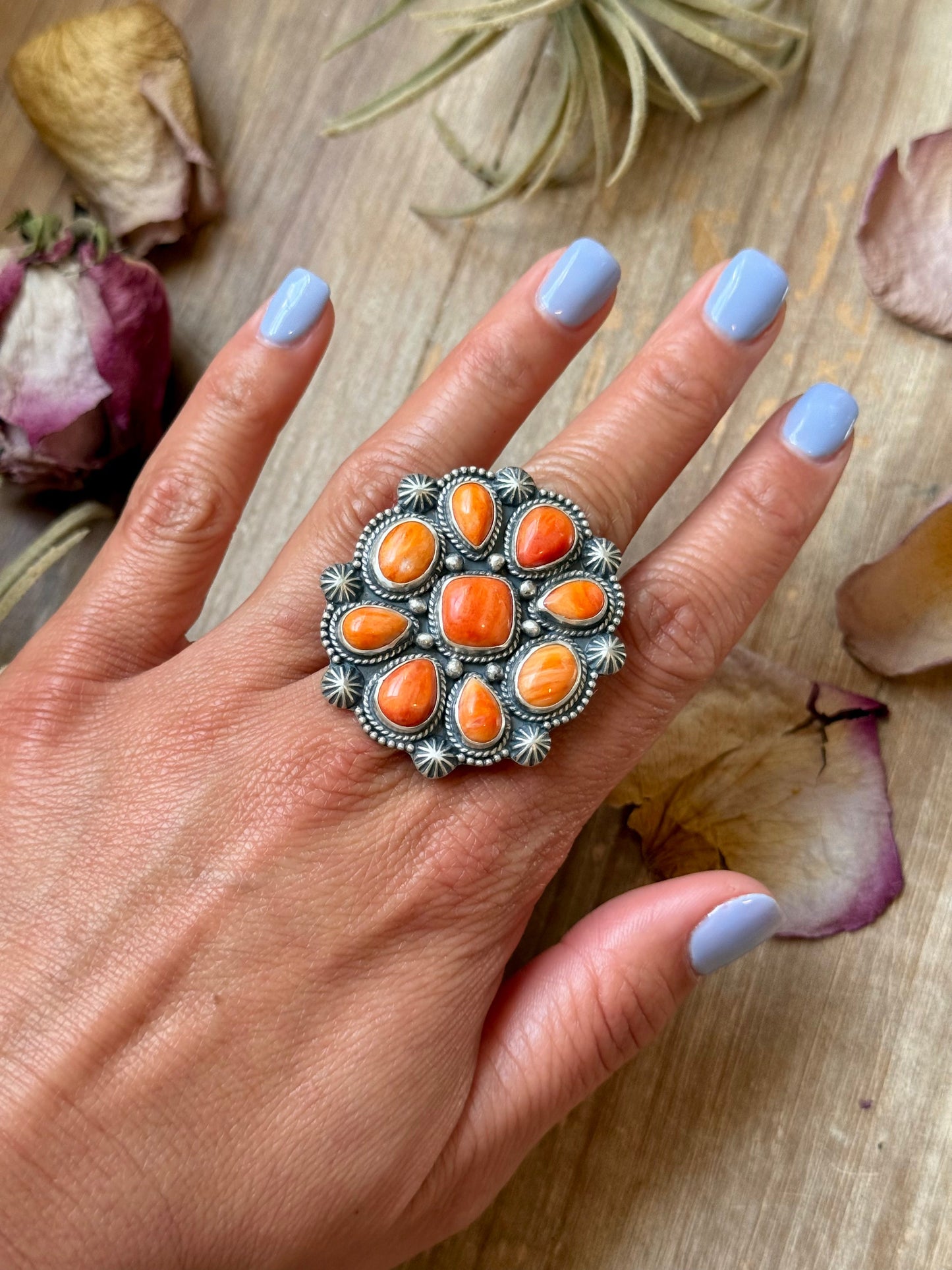 Sterling Silver Orange Spiny Oyster Mosaic Cluster Ring Size 7.5, Artist Shay Pfeiffer
