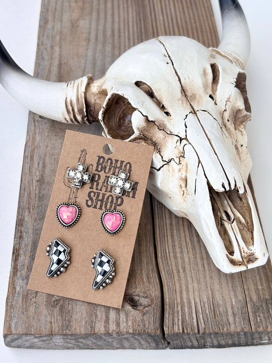 3pc Western Cross Heart Checker Lightning Stud Earrings Set