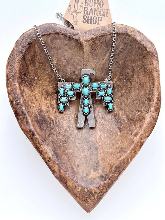 Western Style Turquoise Stone Thunderbird Pendant Necklace