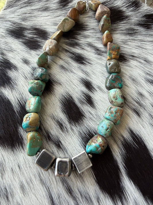 Chunky turquoise & Sterling Square Beads Necklace