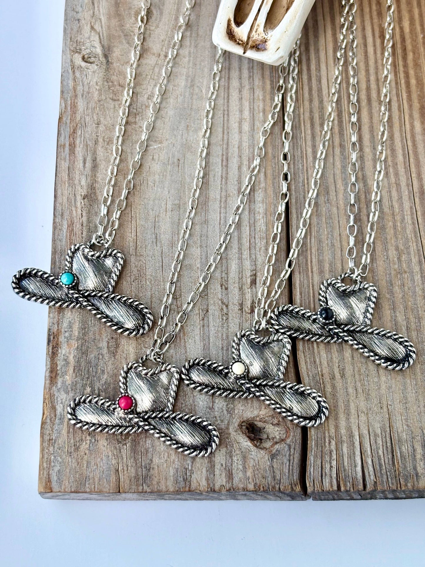 Western Cowboy Hat Stone Pendant Necklace: Red