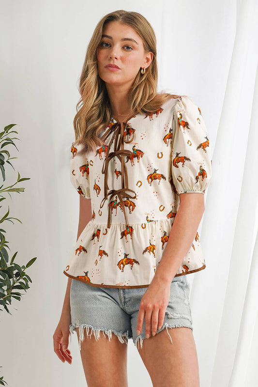 Cowboy Horse Print Bowknot Babydoll Blouse