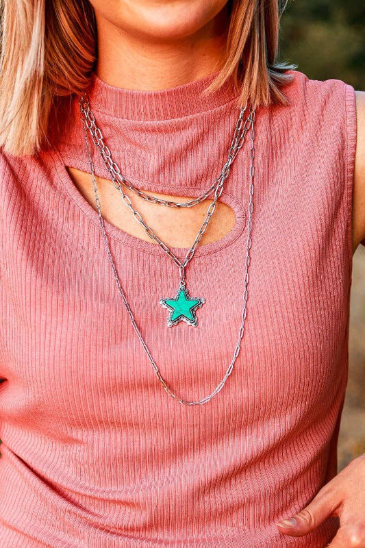 Turquoise Star three layer silver necklace: Turquoise / One Size