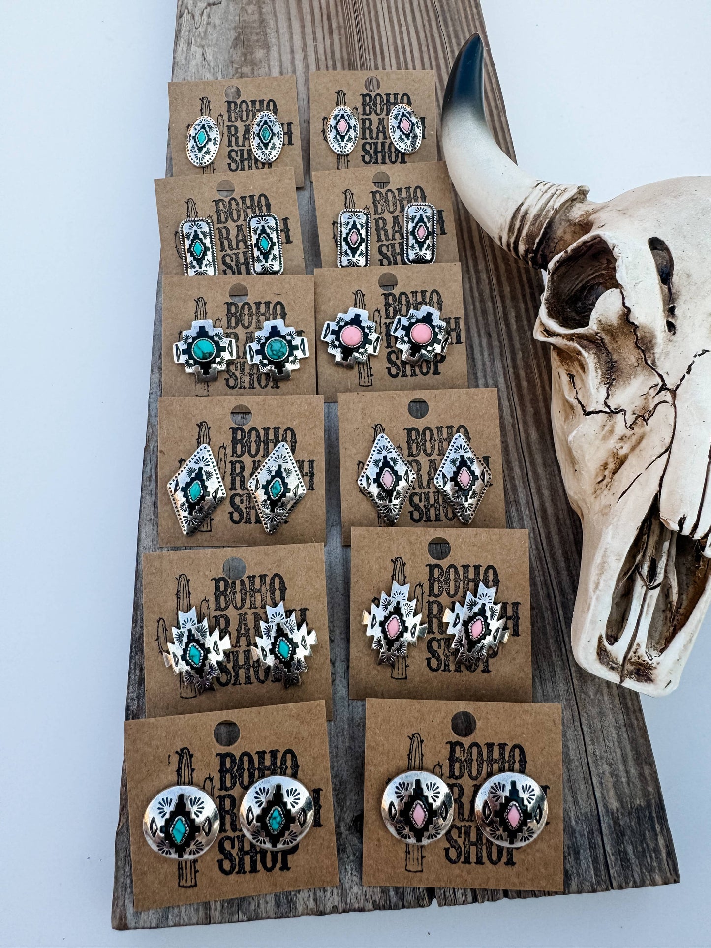 Western Hand Stone Aztec Post Earrings - turquoise pink: STLYE 6 - ROUND PINK