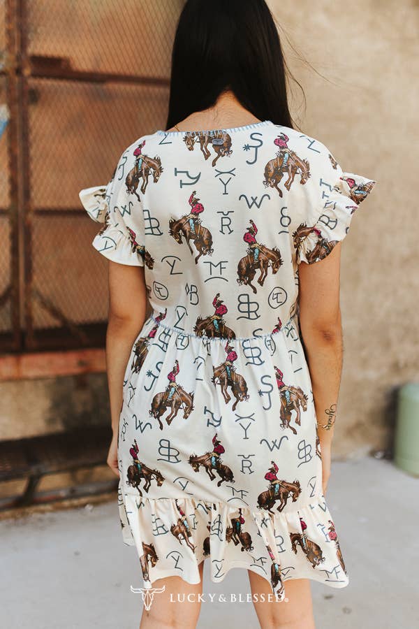 Kicking Cowboy Horse Cattle Brand Ruffle Tier Dress