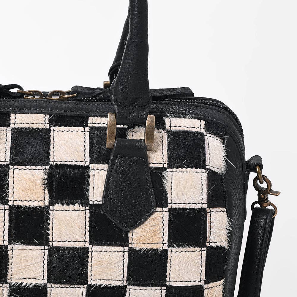 Leather & Hair-On-Hide Black Checkerboard Speedy Bag: ADBGM1088