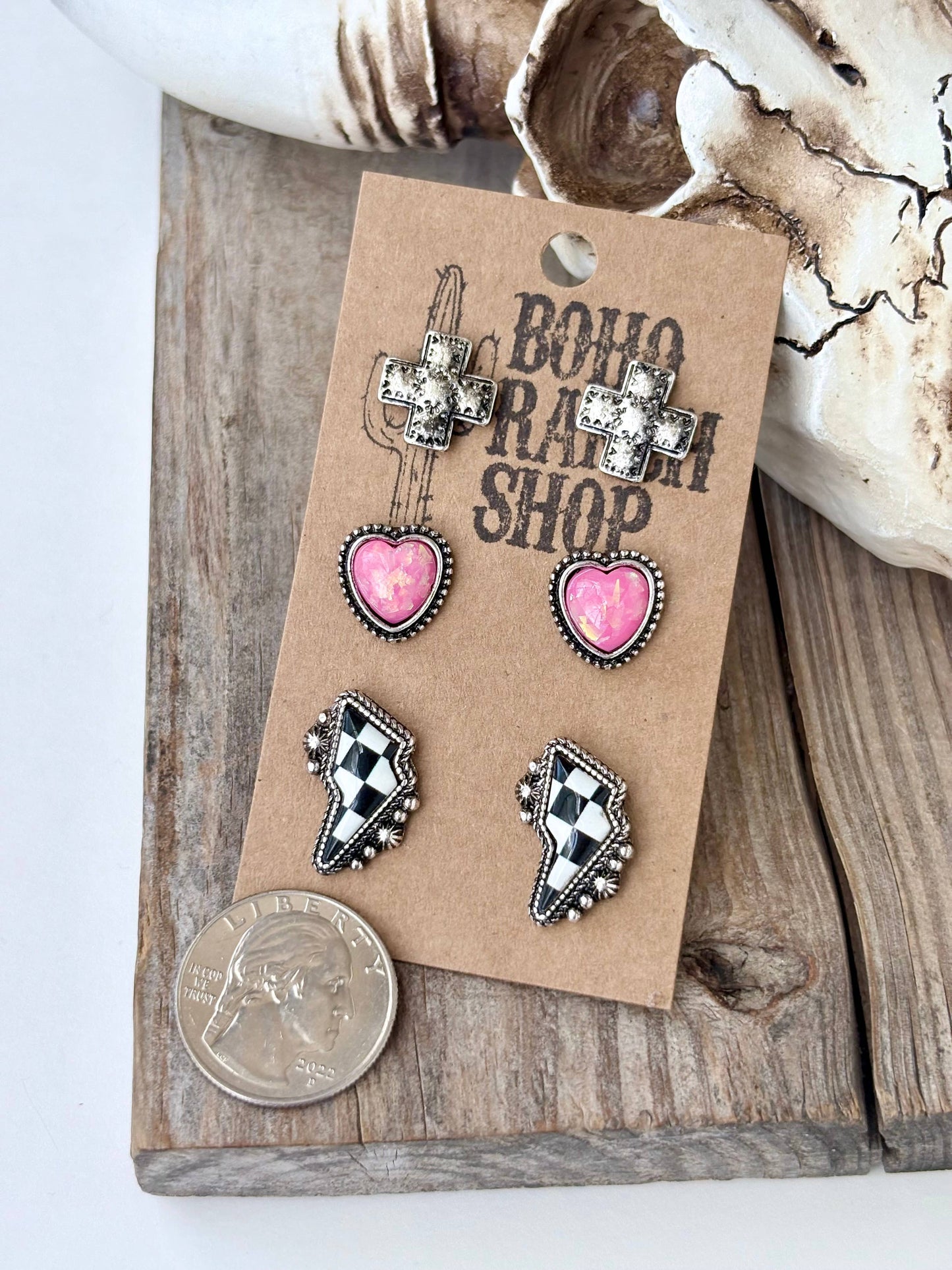 3pc Western Cross Heart Checker Lightning Stud Earrings Set
