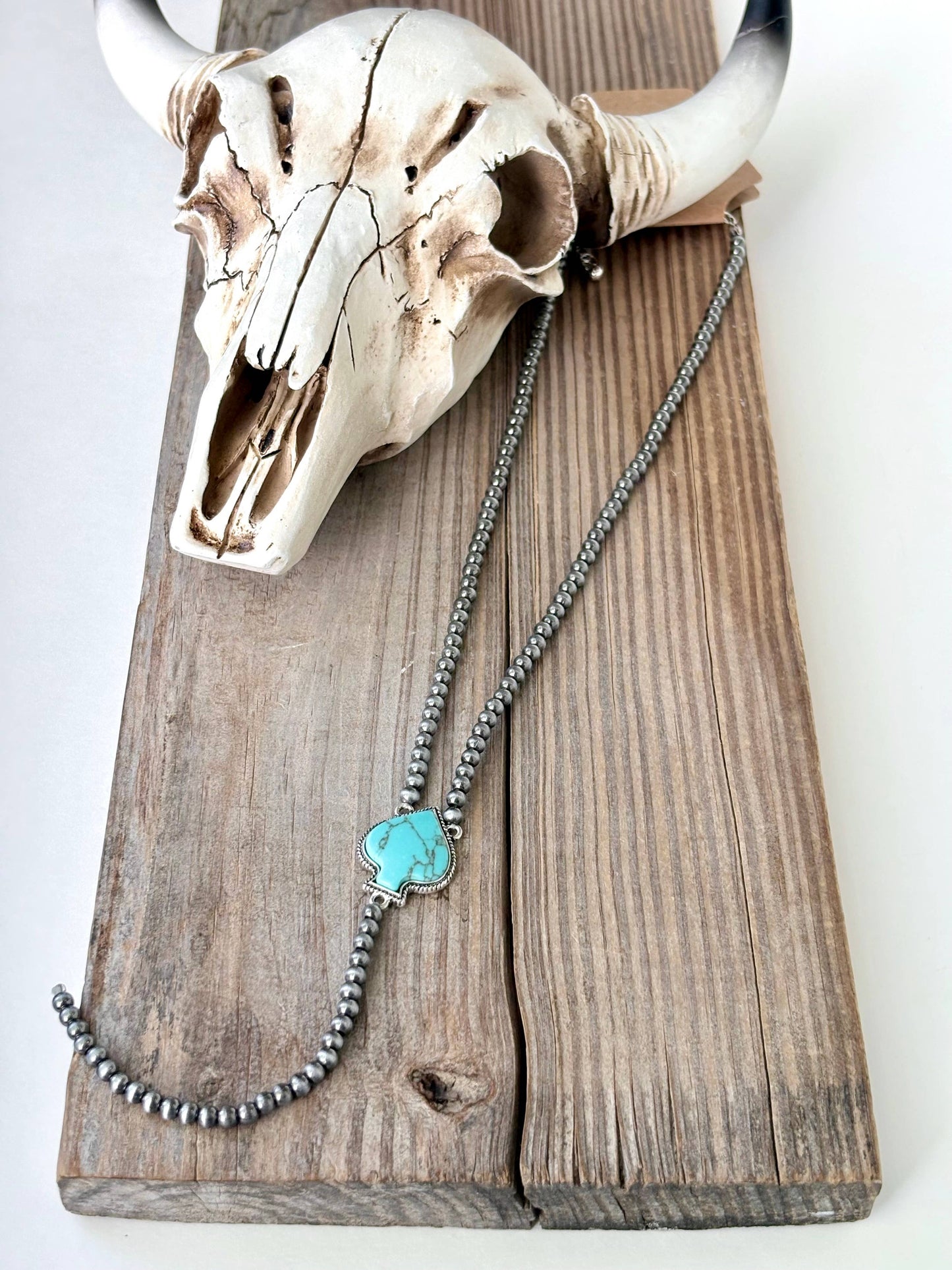 Pearl Bead Turquoise Stone Spade Pendant Necklace